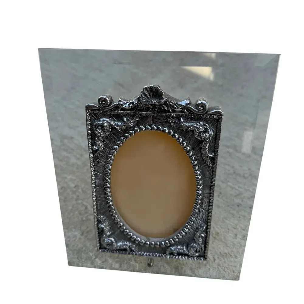 VTG Beveled Glass Silver Tone Picture Frame Ornate Victorian Scrollwork 3.5x5